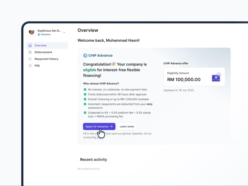 Dashboard showing CHIP Advance financing offer of RM 100,000 with eligibility and application button.