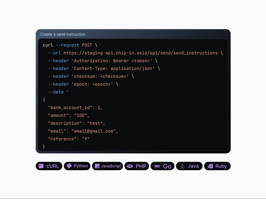 Code snippet showing a cURL POST request to an API with JSON data for a bank transfer instruction.