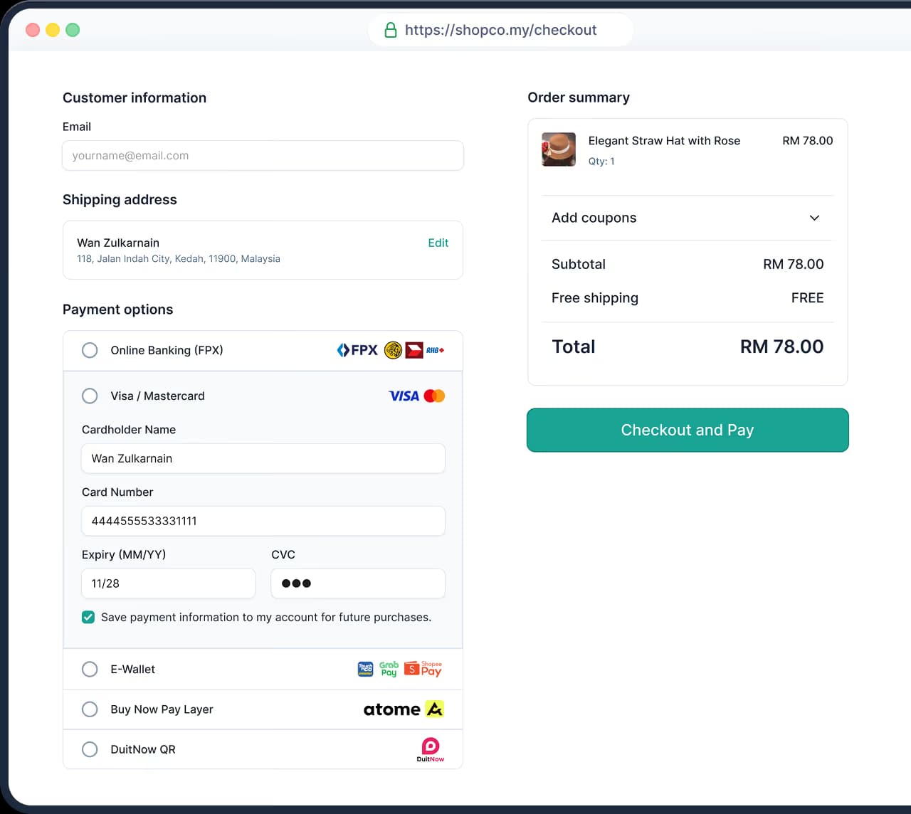A checkout page showing CHIP payments method integration