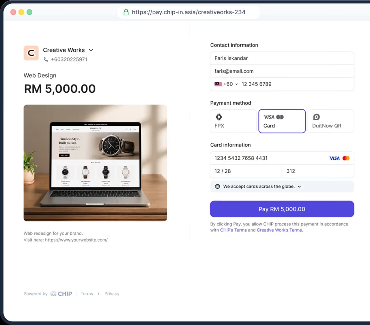 A page showing web designing service business collecting payments using CHIP payment links