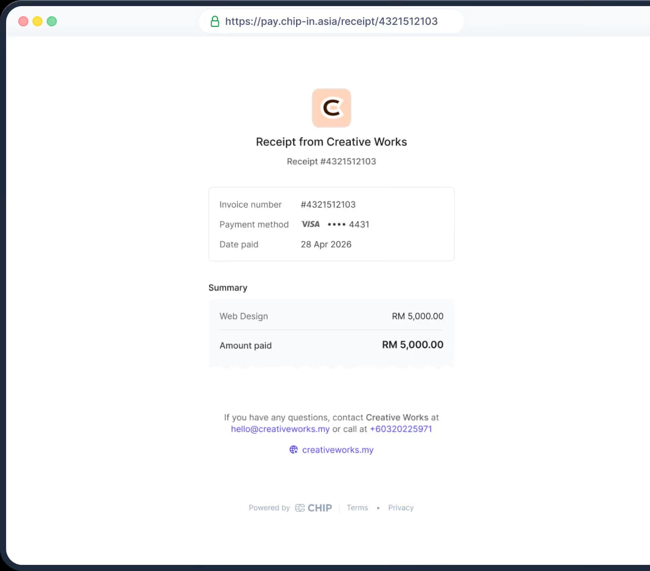 Receipt page customer will see after making payment from CHIP payment link