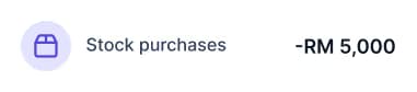 Financial transaction labeled Stock purchases with an amount of minus RM 5,000.