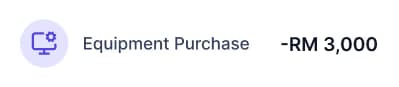 Notification for equipment purchase showing an expense of RM 3,000 with a computer monitor and gear icon.