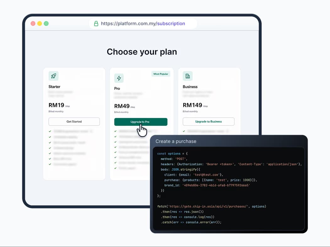 Webpage showing subscription plans Starter RM19, Pro RM49, Business RM149 with code snippet for creating a purchase.