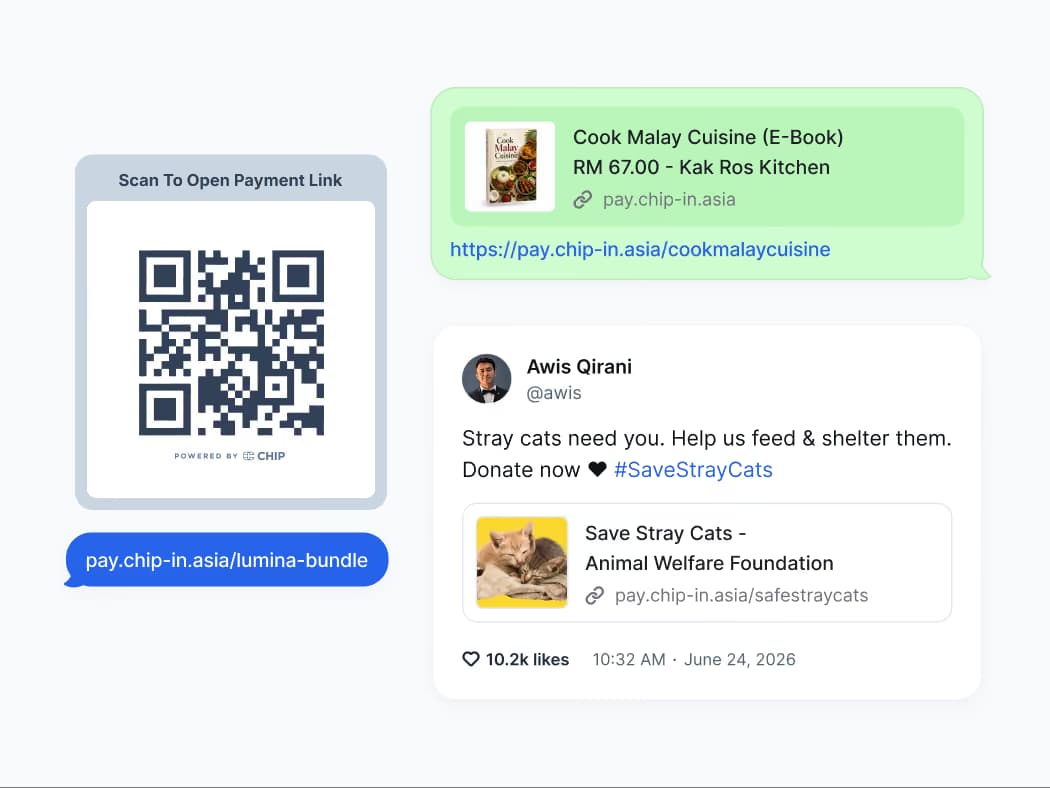 QR code for payment link next to messages promoting a Malay cookbook and stray cat donation.