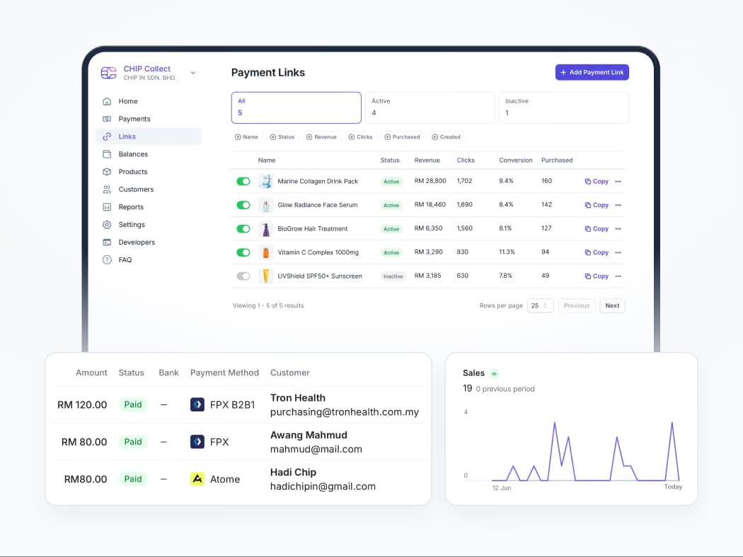 Dashboard screen showing payment links with product sales data, customer payments, and sales graph.
