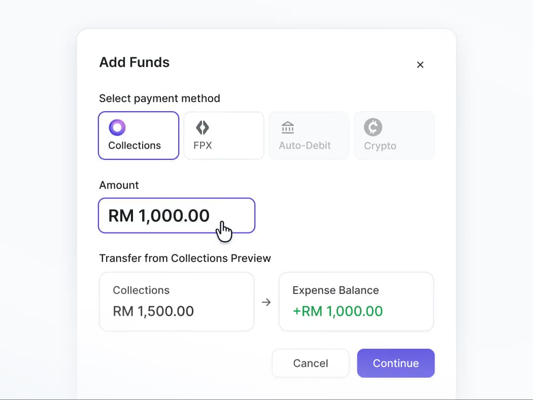 Add funds interface showing Collections payment method selected with RM 1,000 amount and transfer preview details.
