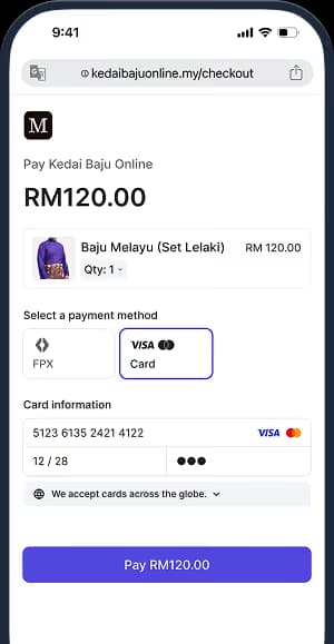 Mobile checkout screen showing payment for Baju Melayu set costing RM120.00, with card payment selected and card details partially filled.