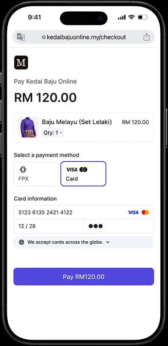 Mobile checkout page showing payment for Baju Melayu RM120 with card option selected and card details entered.