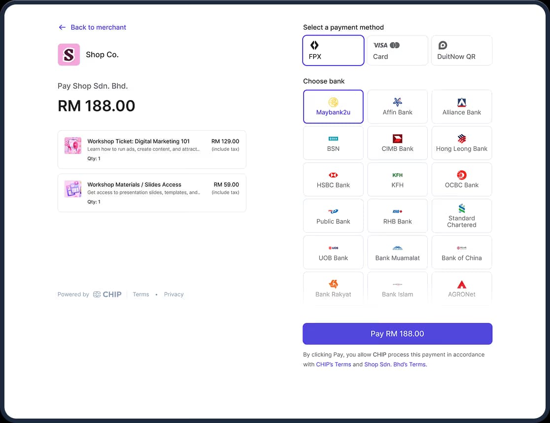 Online payment page showing RM 188 for workshops with FPX selected and Maybank2u as the bank option.