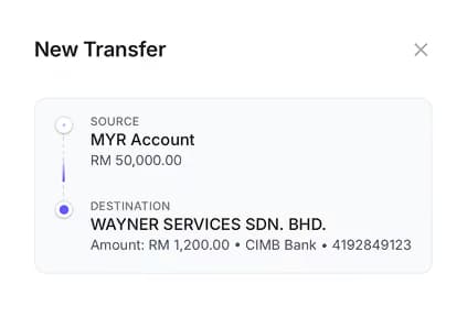 New Transfer screen showing a recipient named EJEN DIGITAL SDN. BHD. with Maybank account number, transfer amount set at 1,000 MYR, and buttons to cancel or continue.