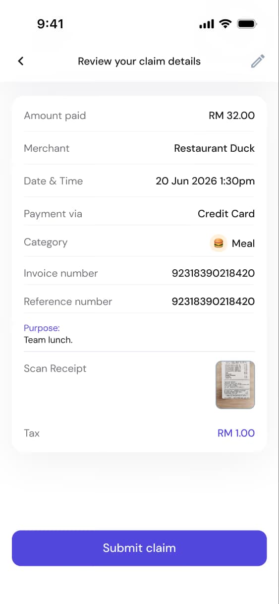 Mobile app screen showing claim details: RM32 paid at Restaurant Duck on 20 Jun 2026, meal category, credit card payment.