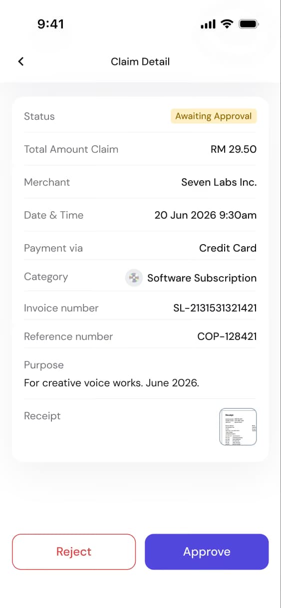 Mobile screen showing claim details for RM 29.50 to Seven Labs Inc., awaiting approval, with reject and approve buttons.