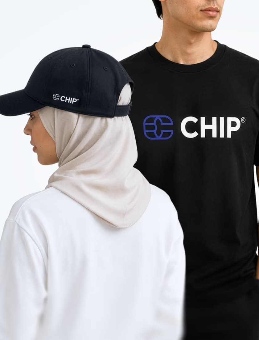CHIP swags showing black cap and shirt.