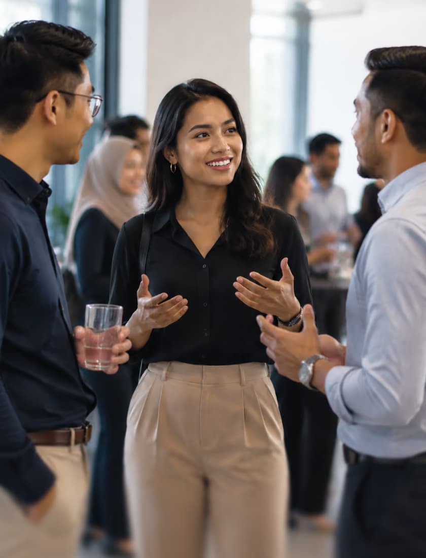 A woman appearing to talk to two men in a conference event.
