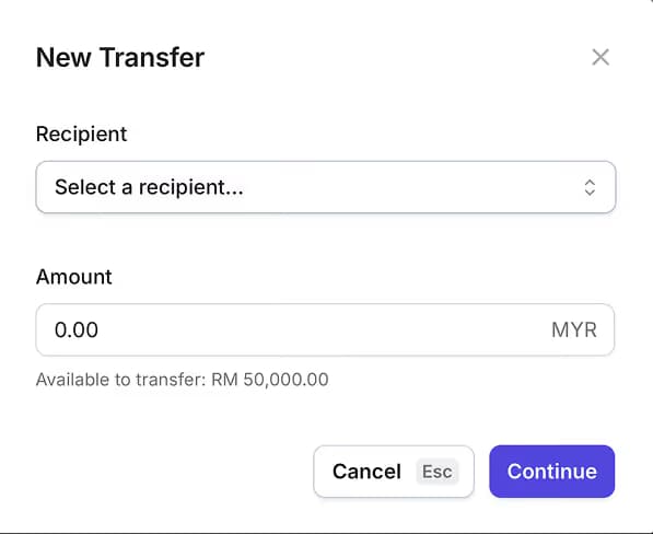 New Transfer form with recipient dropdown, amount input in MYR, and Cancel and Continue buttons.
