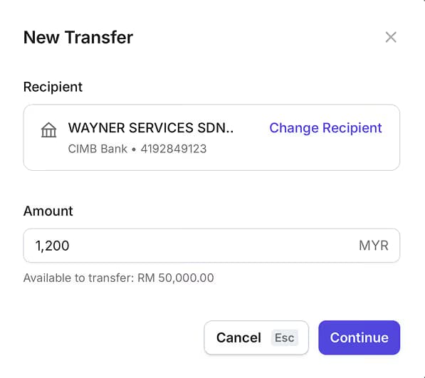 New transfer screen showing recipient WAYNER SERVICES SDN at CIMB Bank, amount 1,200 MYR, with Cancel and Continue buttons.