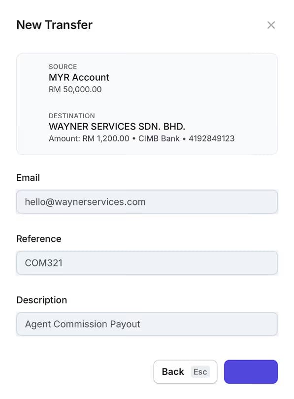 New transfer form from MYR Account with RM 50,000 balance to WAYNER SERVICES SDN. BHD., RM 1,200 via CIMB Bank.