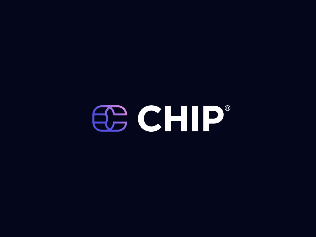 CHIP logo with a stylized chip icon in gradient purple and pink on a dark background.