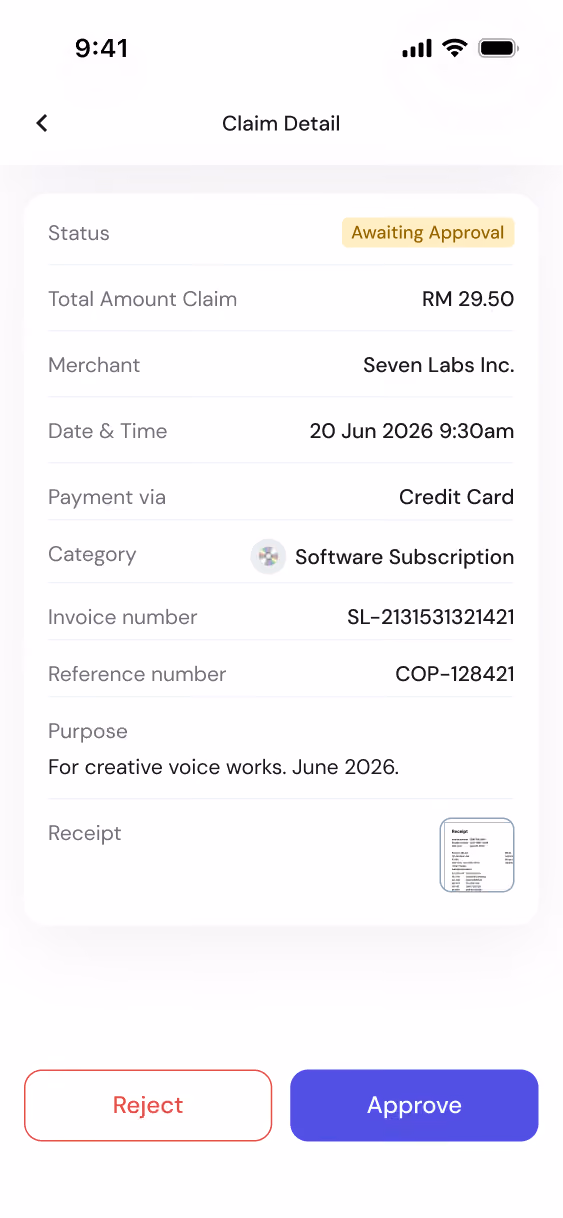 Mobile screen showing claim details for RM 29.50 to Seven Labs Inc., awaiting approval, with reject and approve buttons.