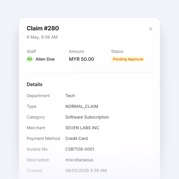 Claim #280 for MYR 50.00 by Allen Doe, pending approval, software subscription paid by credit card.