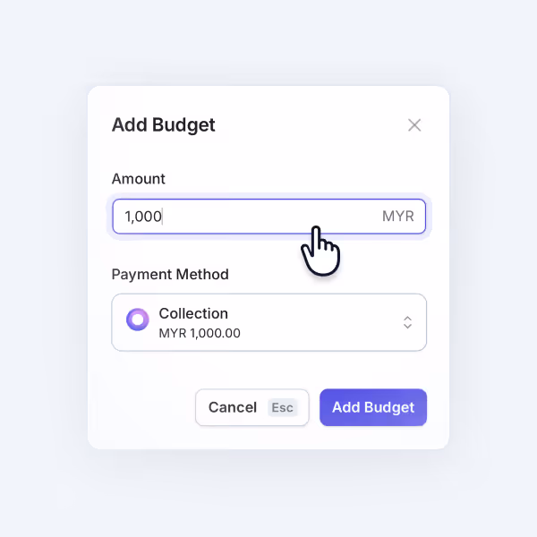Interface to add a budget with amount 1,000 MYR and payment method set to Collection.