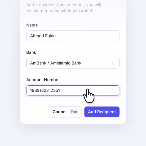 Form to add a bank recipient with name, bank selection, account number input, and Add Recipient button.