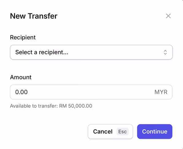 New Transfer form with recipient dropdown, amount input in MYR, and Cancel and Continue buttons.