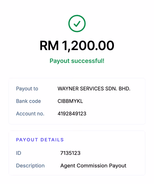 Payment confirmation showing RM 1,200 payout successful to Wayner Services bank account with payout details.